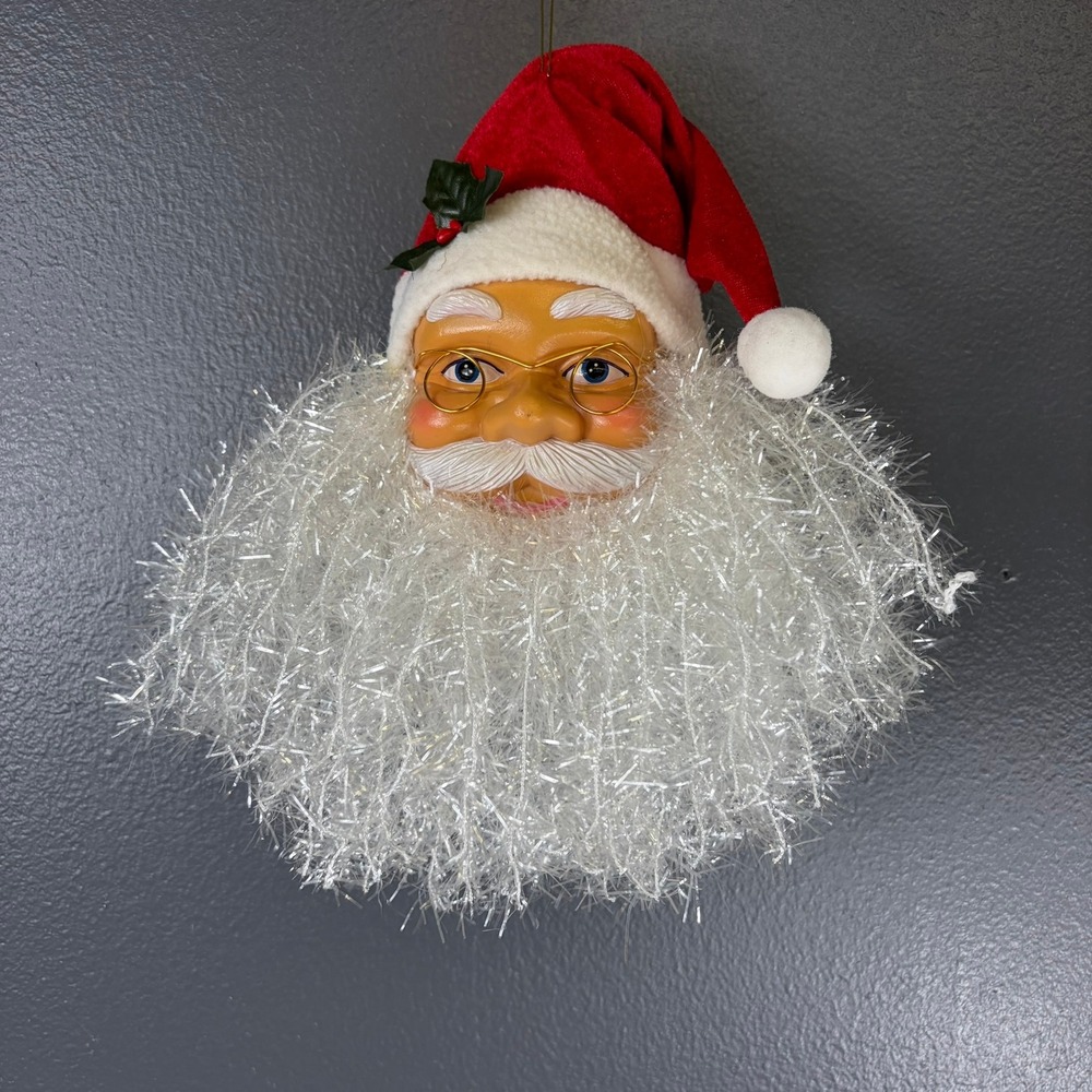 Vintage Santa Head Ornament 10" Tinsel Beard Red Velvet Hat Glasses Holly